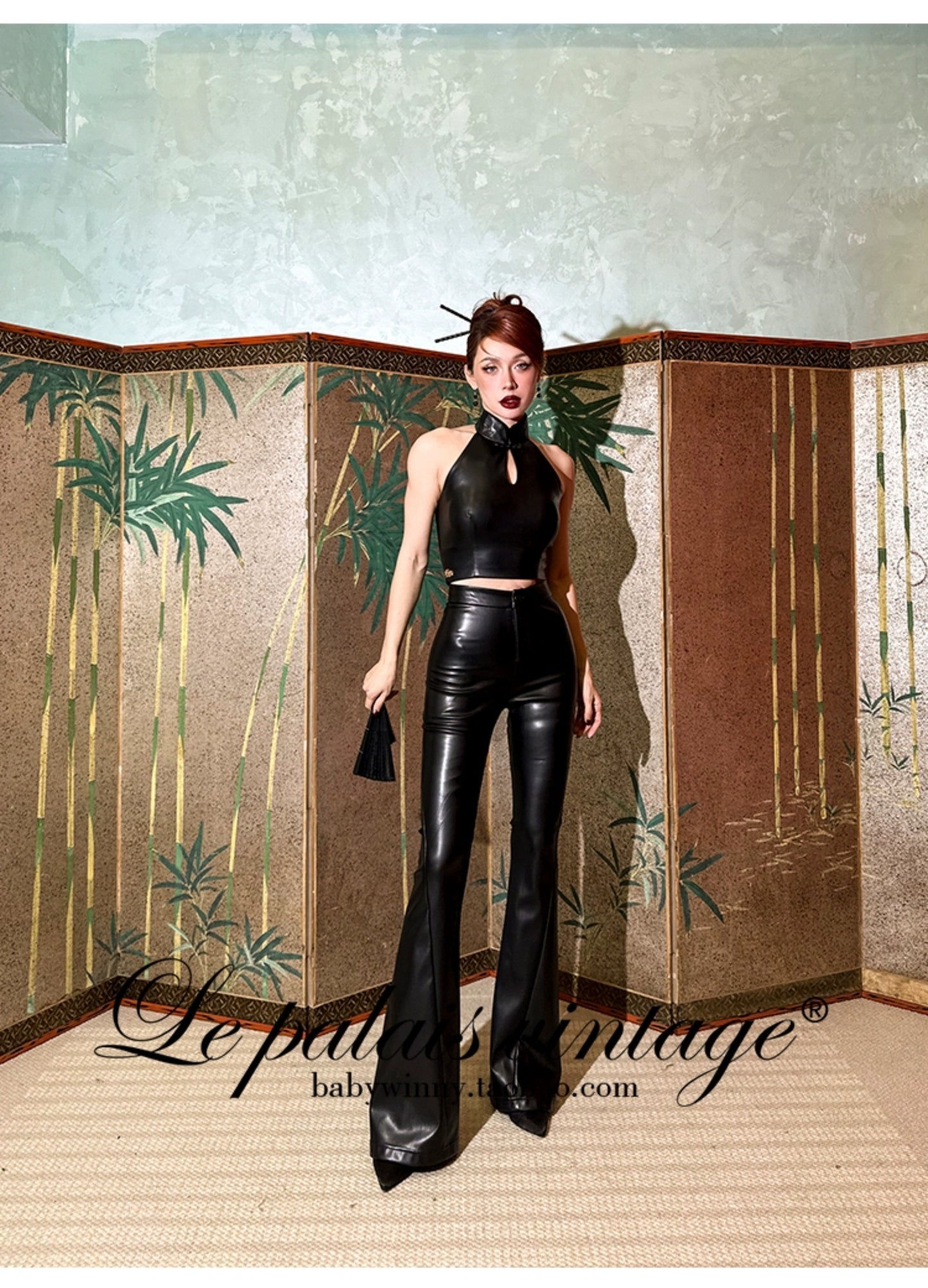 Le Palais Vintage Black Leather Top/ High-waisted Hip Leather Flared Pants-Zhuri