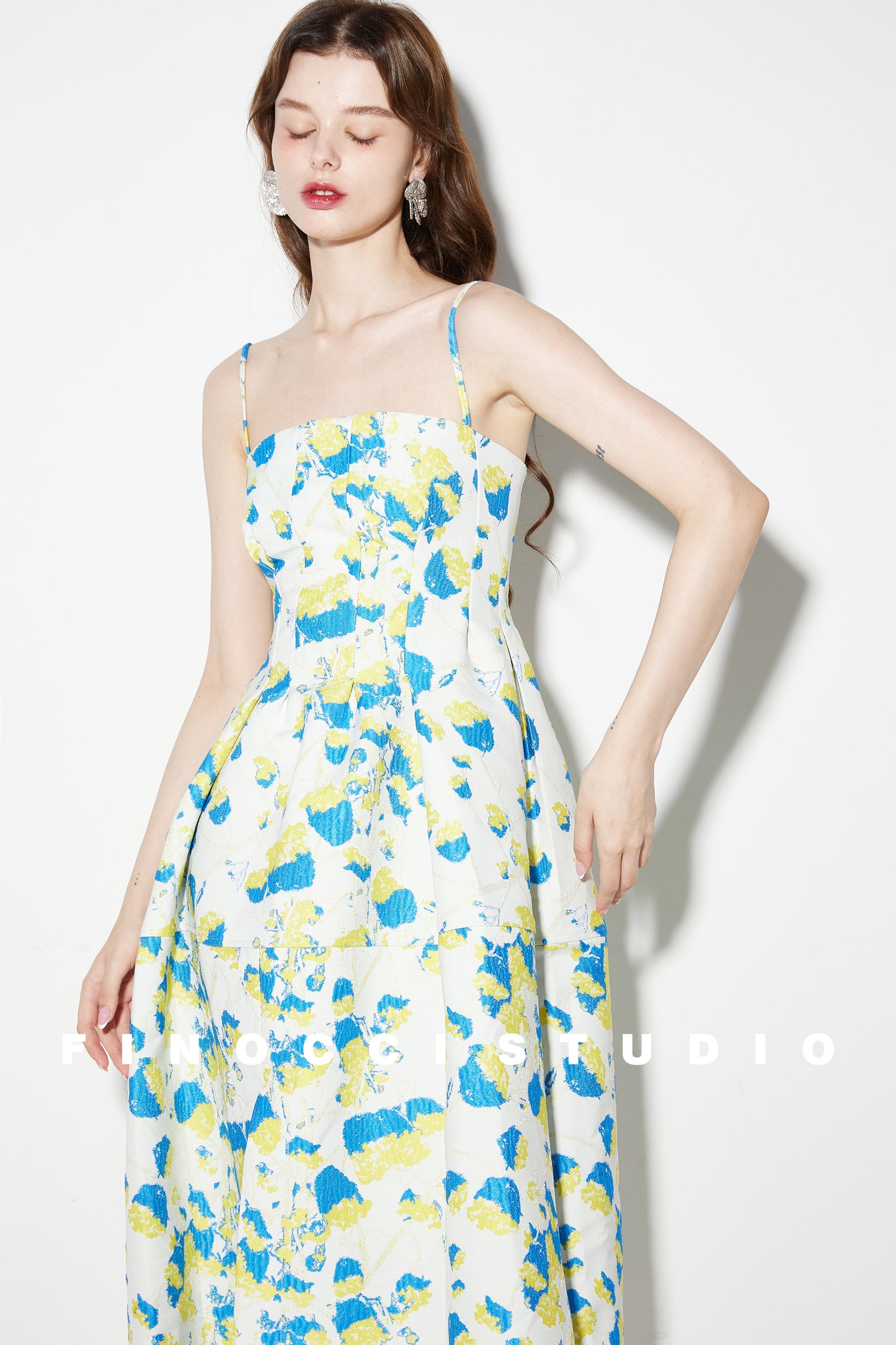 French yellow blue printed jacquard  puffy dress- Nicco