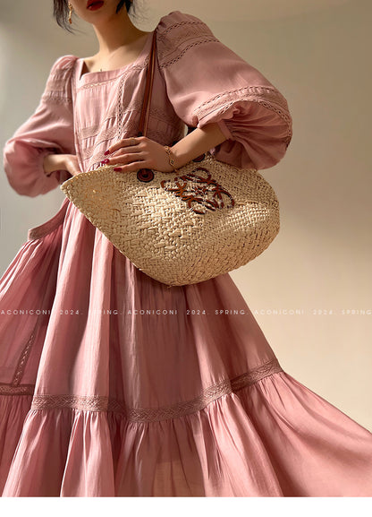 Aconiconi Elegant Lantern Sleeve Loose Long Dress- Flower lotus wood shadow