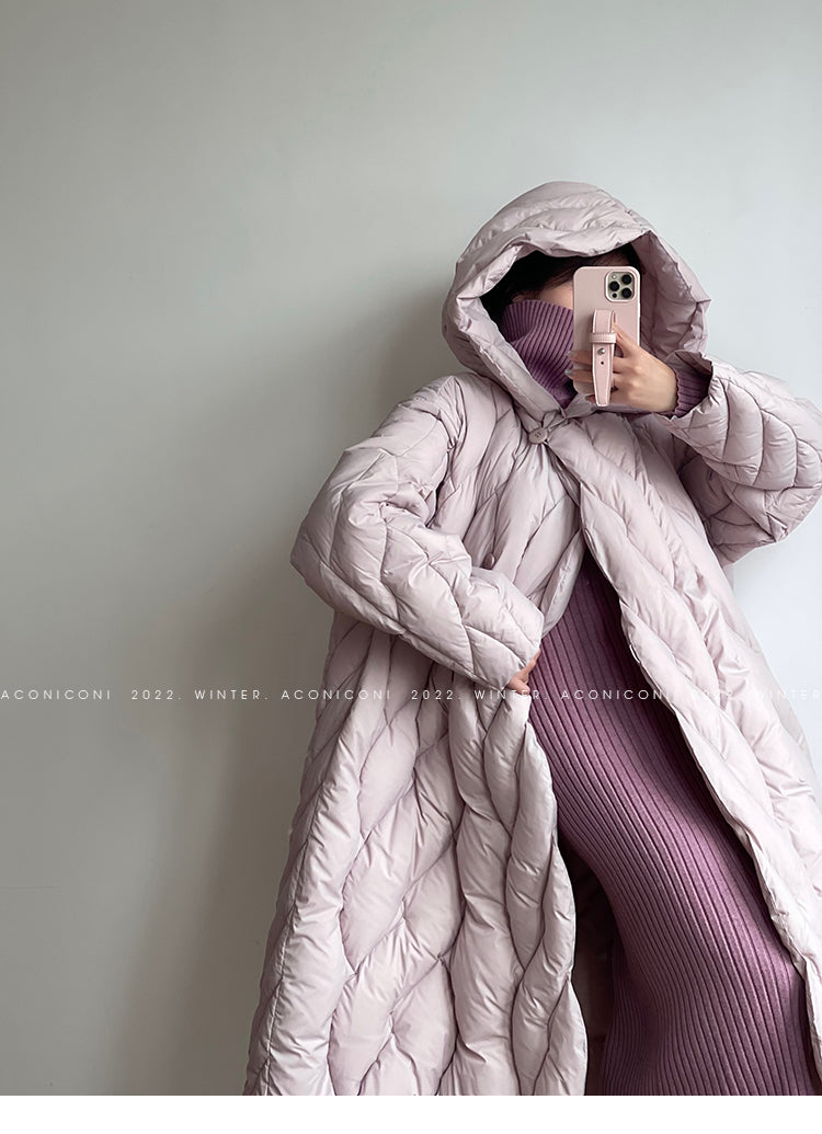 Aconiconi White Duck Down Hooded Long Sleeve Thick Long Winter Coat- Shephardess