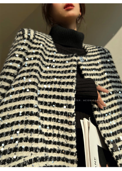 Aconiconi Elegant Black And White Stripe Long Sleeve Long Wool Coat- Quiet Night Flowing Light