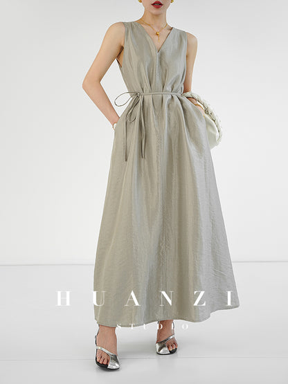 Huanzi custom high-end long sleeveless V-neck dress summer - Miel