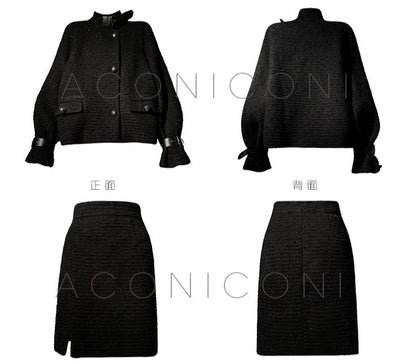 Black night wool two-piece coat jacket skirt - Utopia moonlit