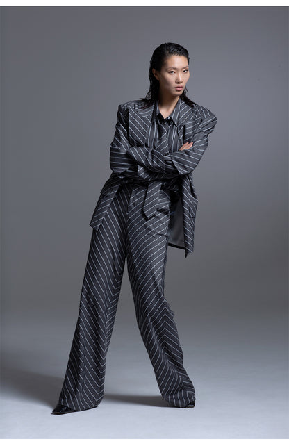 LEDIM W highend oblique stripe gray wide leg pants trousers -pieo