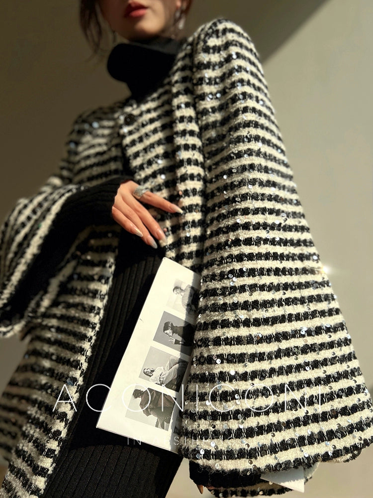 Aconiconi Elegant Black And White Stripe Long Sleeve Long Wool Coat- Quiet Night Flowing Light