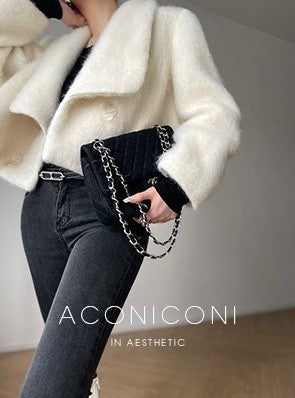 Aconiconi Elegant White Tweed Long Sleeve cropped Winter Coat- Yao Te