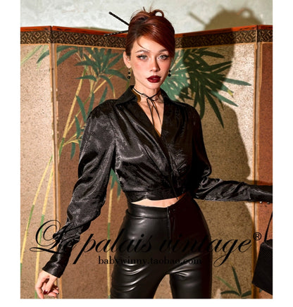 Le Palais Vintage Black Leather Top/ High-waisted Hip Leather Flared Pants-Zhuri