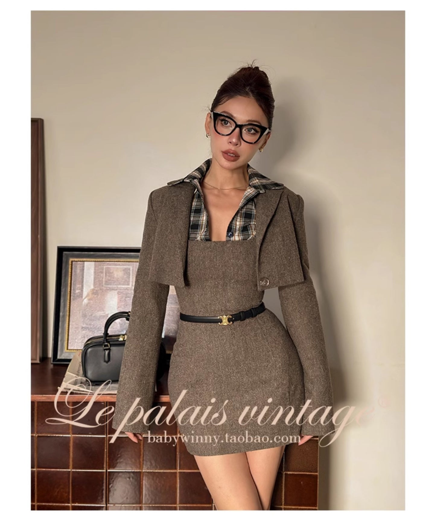 Le Palais Vintage High End Plaid Vest Shirt Pleated Sexy Office Suit Skirt-Stella