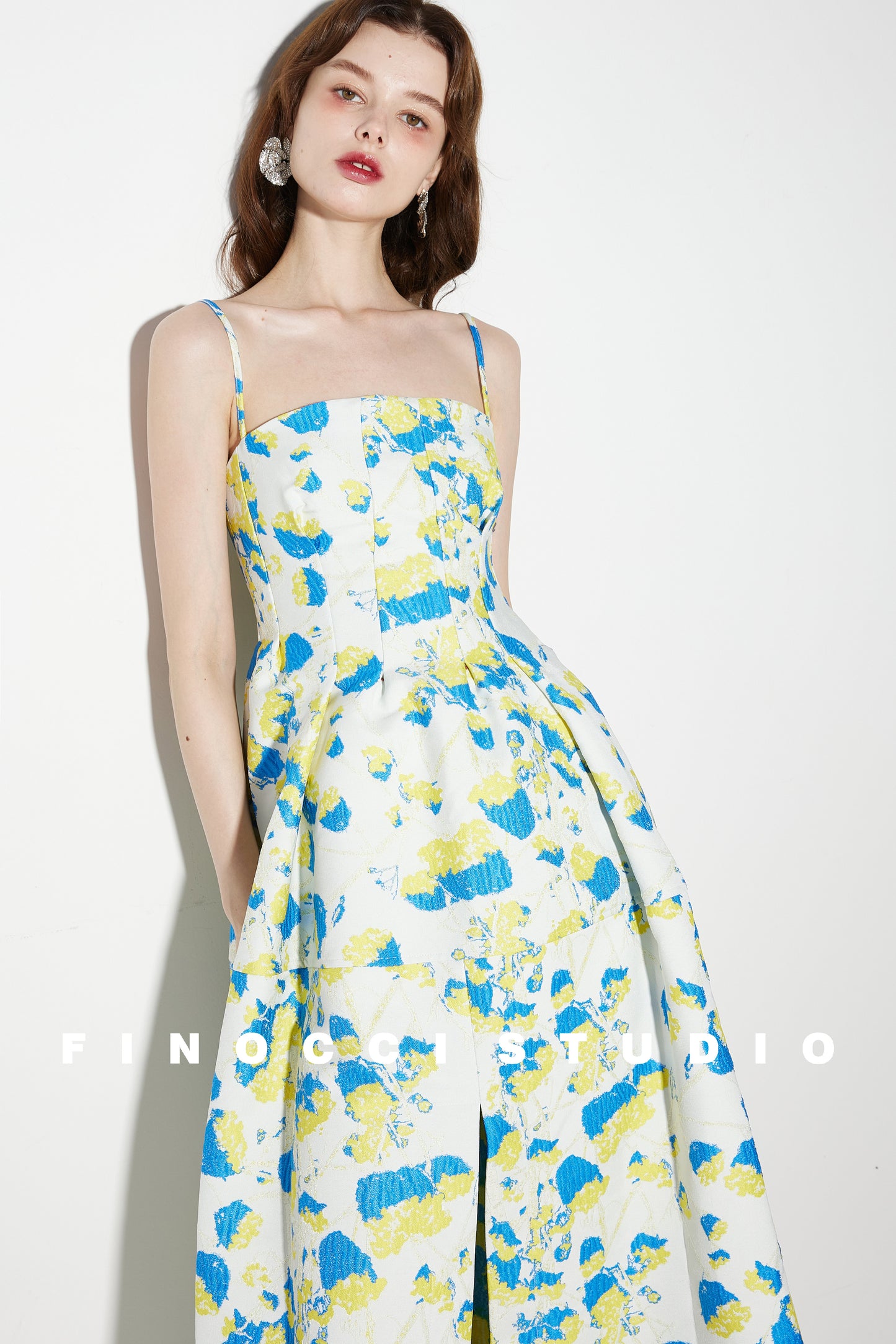 French yellow blue printed jacquard  puffy dress- Nicco