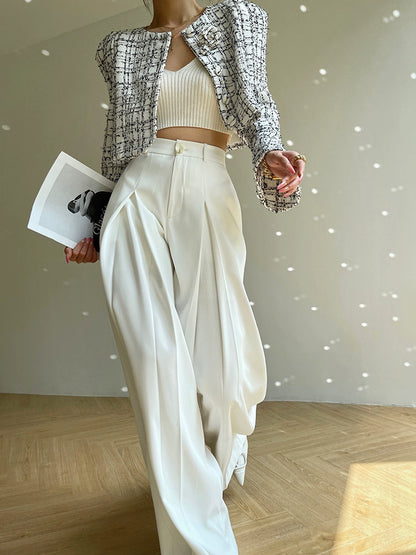 Aconiconi Eleant White Waist Loose Long Straight Suit Dinner Pants- Cloud Steps