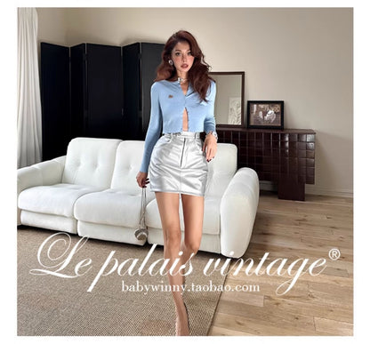 Le Palais Vintage High End Retro Plain Silver High Waist mini Skirt-Nuella