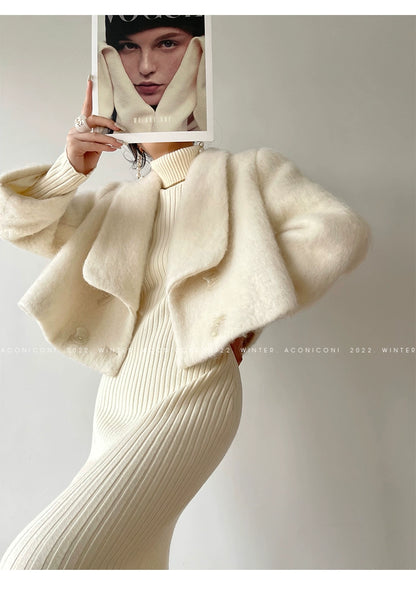 Aconiconi Elegant White Tweed Long Sleeve cropped Winter Coat- Yao Te