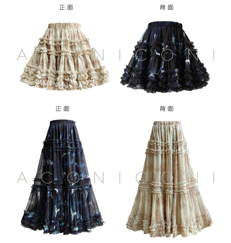 Aconiconi| Luxury French Print High Waist Ruffle Hem Skirt- Annie's Time