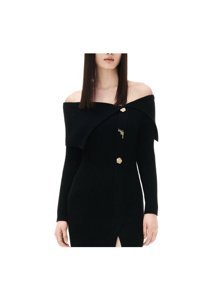 YES BY YESIR autumn winter gun rose knit Black bodycon dress - Ionc