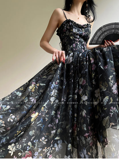 Aconiconi Luxury Black Flower Print  Slim Waist vacation Dress- Huachen Yueying