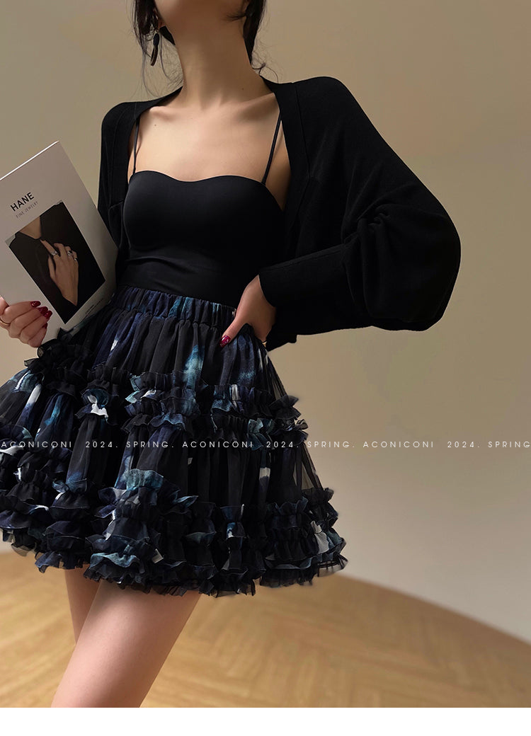 Aconiconi| Luxury French Print High Waist Ruffle Hem Skirt- Annie's Time