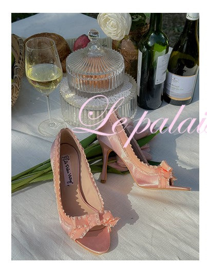 Le Palais Vintage Elegant Lace Pink Blue Fish Mouth Satin Pumps-Garby