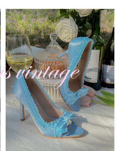 Le Palais Vintage Elegant Lace Pink Blue Fish Mouth Satin Pumps-Garby