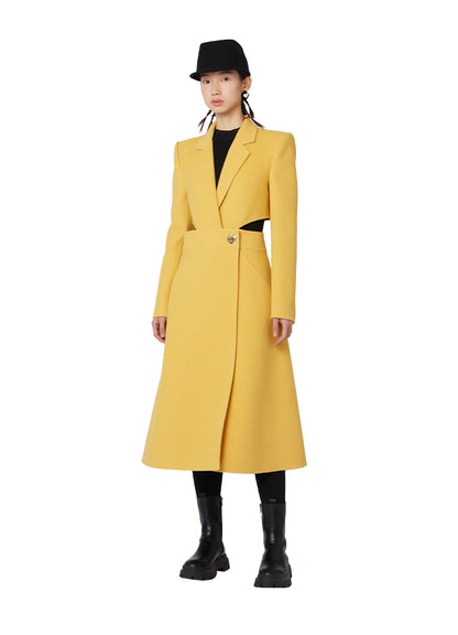 YES BY YESIR cashmere wool high-end yellow black small waist fine long coat - Kara