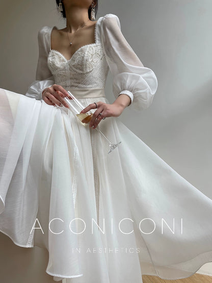 Aconiconi Elegant White Long Sleeve bridal reharsal Dress- Listen Spring