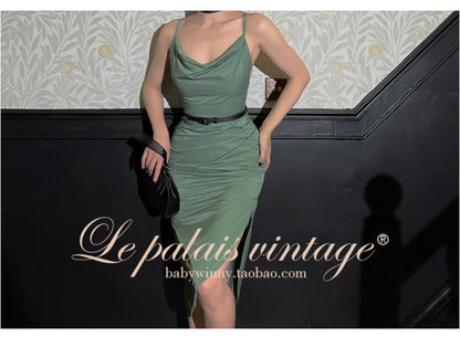 Le Palais Vintage Elegant Two-Piece Sleeveless Pleated Slim Fit Slip Cocktail Dress-Linda