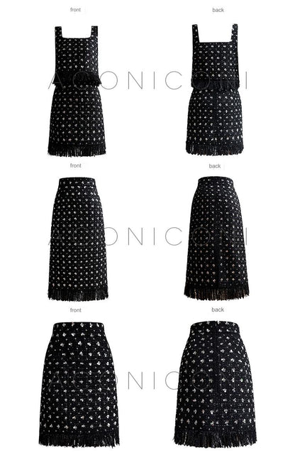 Aconiconi Luxury Black French Retro Starry Sleeveless Top/ Hip Hug Skirt- Manmanxingyu