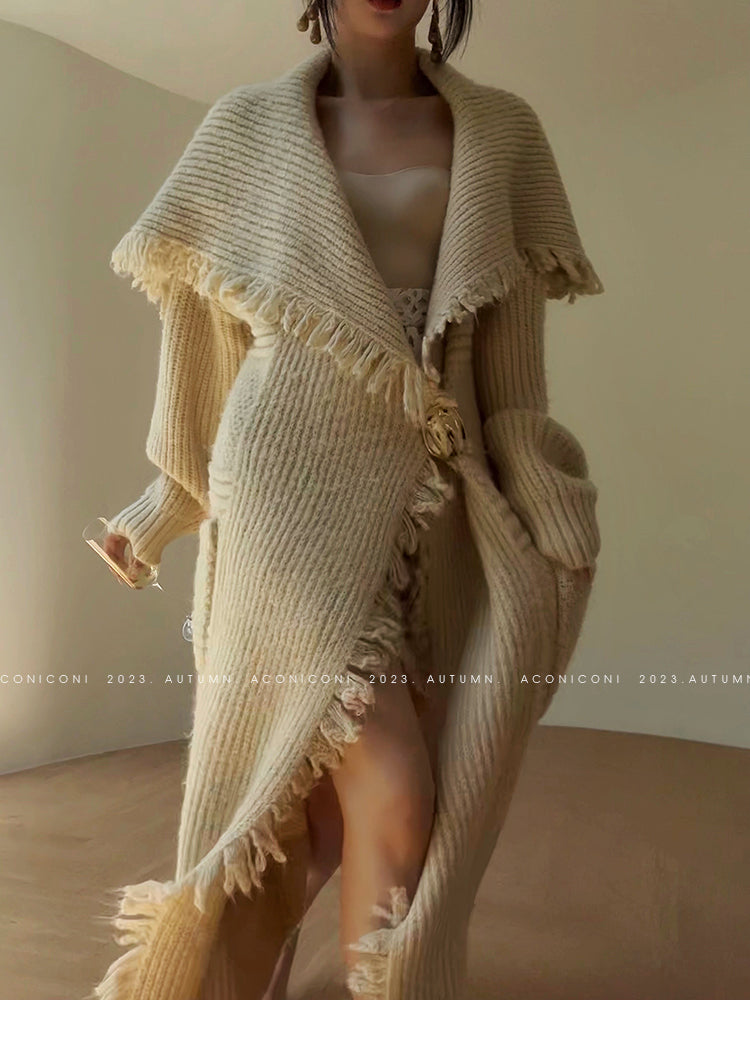 Aconiconi Boho Long Loose Knitted Sweater Tassel Jacket-Loose Tea Quinoa