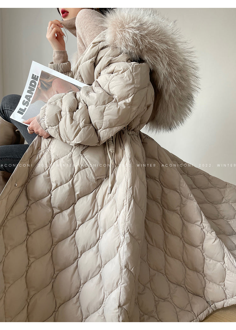 Aconiconi Elegant Duck Down Long Sleeve Hooded Long Fur Winter Coat -  He Xu Ling Hua