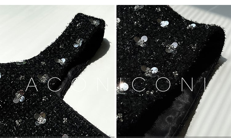 Aconiconi Luxury Black French Retro Starry Sleeveless Top/ Hip Hug Skirt- Manmanxingyu