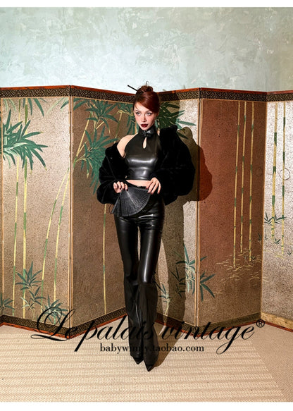 Le Palais Vintage Black Leather Top/ High-waisted Hip Leather Flared Pants-Zhuri