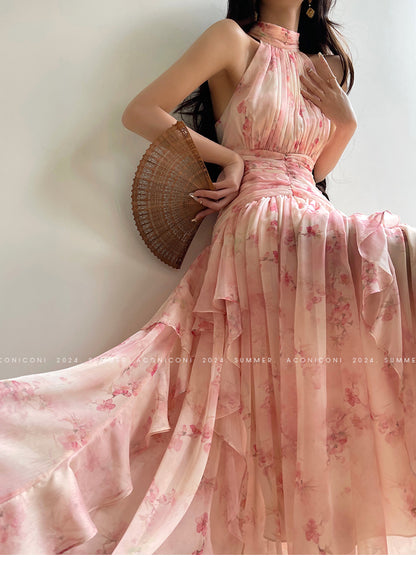 Aconiconi Elegant Pink Collar Sleeveless Floral Halter Dinner wedding guest Dress- Begonia chinensis