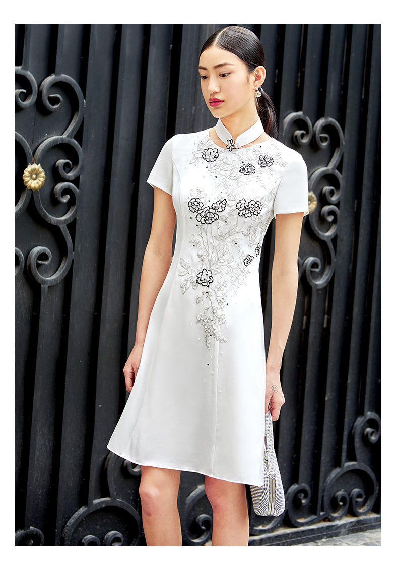 SIDUO Elegant midi short sleeve mid waist Chinese style white banquet dress-Jane  ( V )