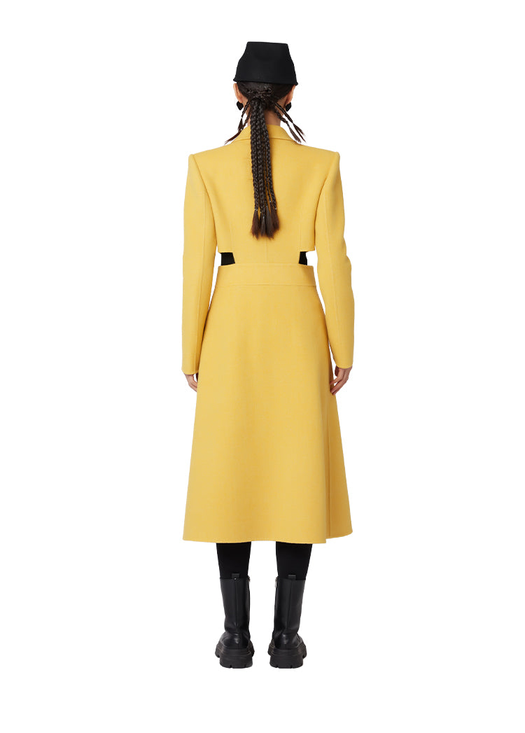 YES BY YESIR cashmere wool high-end yellow black small waist fine long coat - Kara