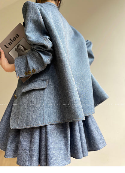 Aconiconi Elegant Korean Style Denim Blue/Pink Loose Blazer Skirt- Pine cypress crabapple