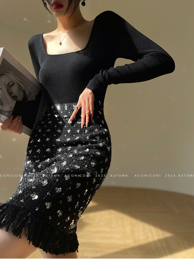 Aconiconi Luxury Black French Retro Starry Sleeveless Top/ Hip Hug Skirt- Manmanxingyu