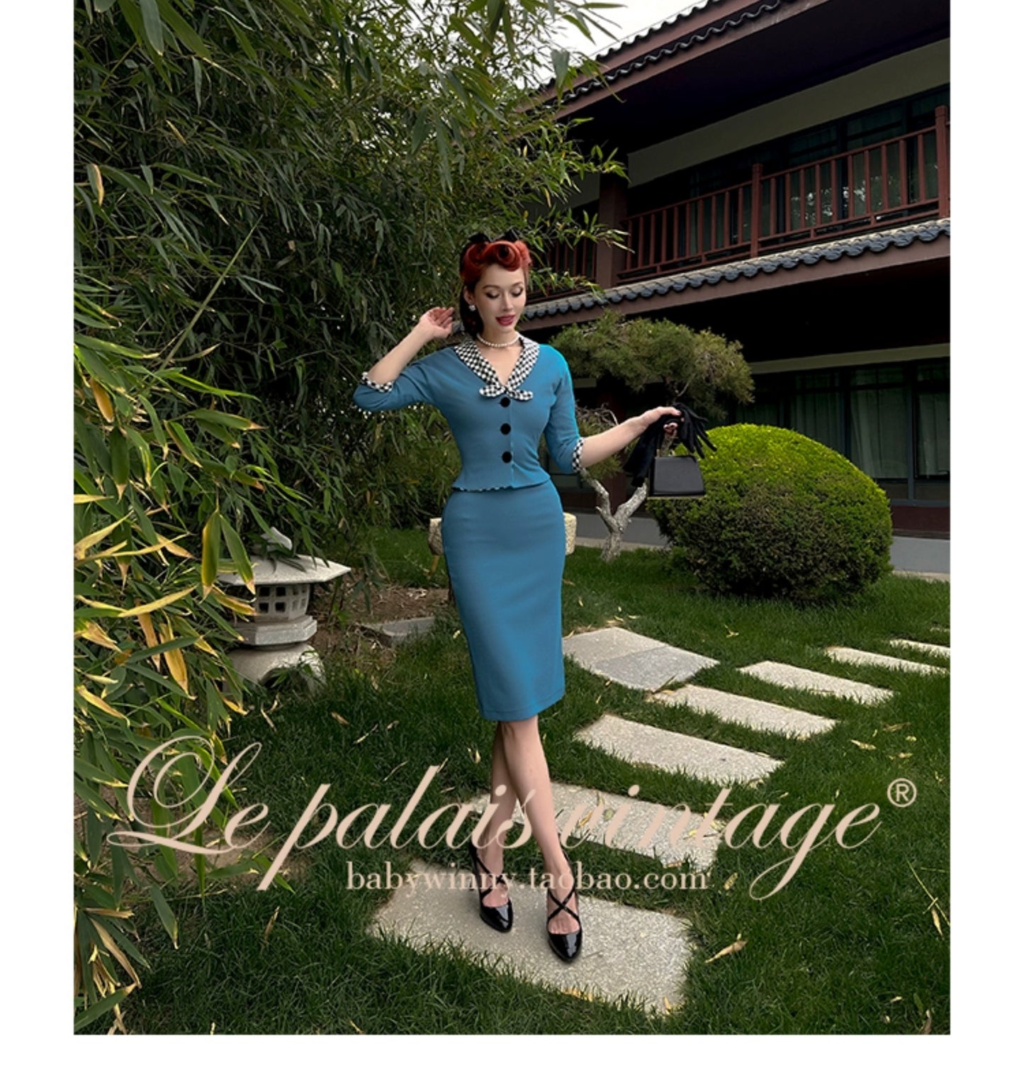 Le Palais Vintage Retro Elegant Lake Blue Bat Sleeve top + Skirt- Mpe