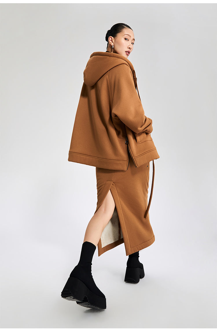 LEDIM  camel brown top jacket hooded oversized sweatshirt - Yule