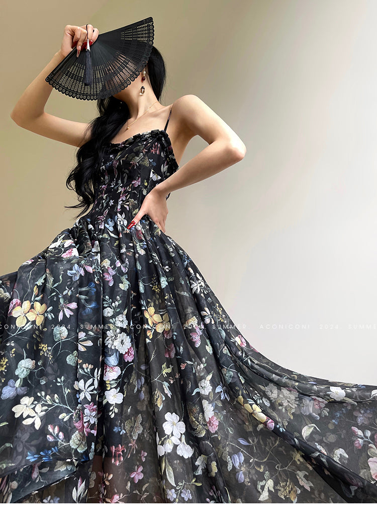 Aconiconi Luxury Black Flower Print  Slim Waist vacation Dress- Huachen Yueying