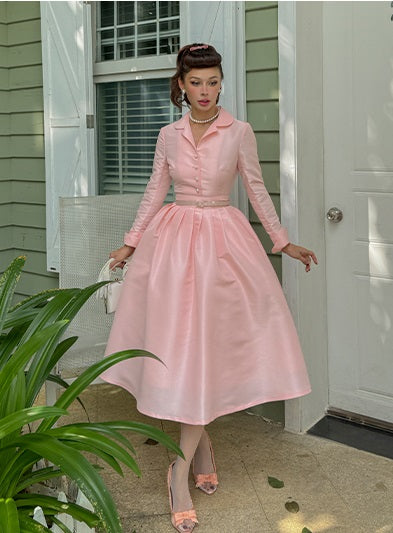 Le Palais Vintage Pink Retro Lapel Long Sleeve Button Puffy Cocktail Skirt-LEO