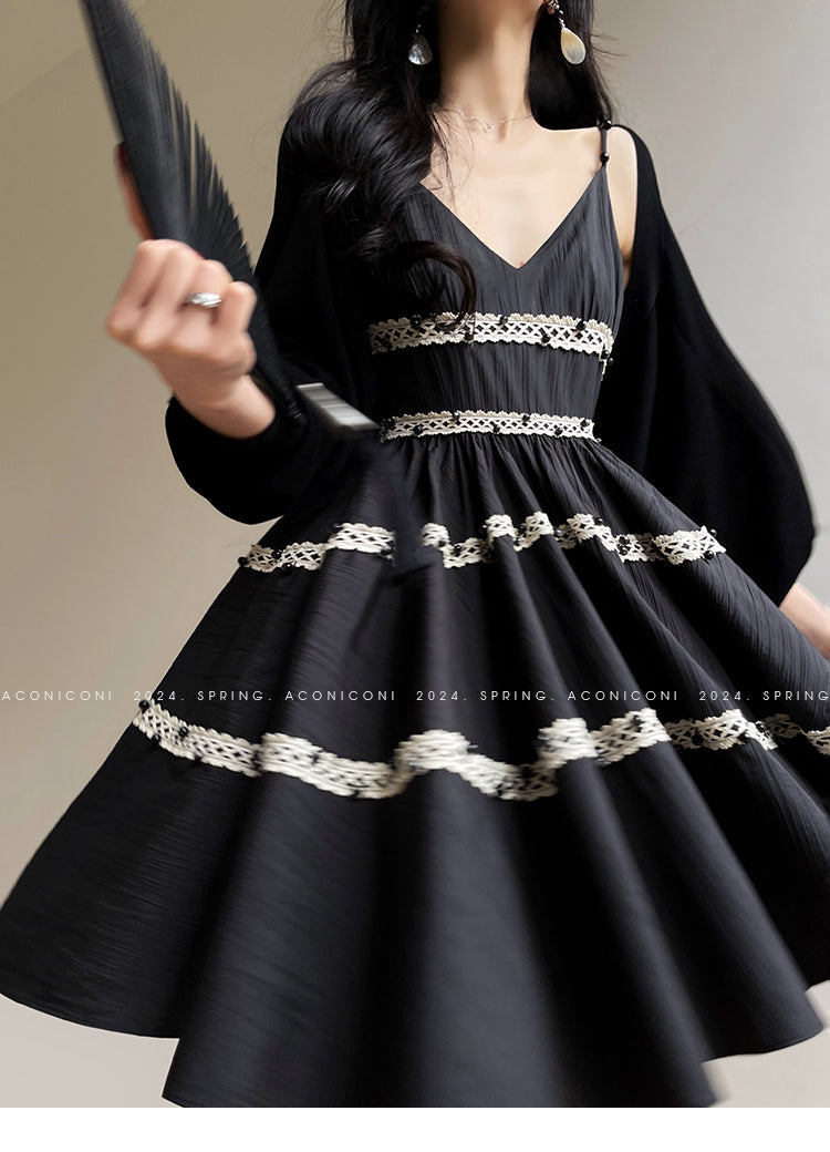 Aconiconi Elegant Black V-Neck Sleeveless Midi Tutu Chic Dress- Rainy Night in Paris