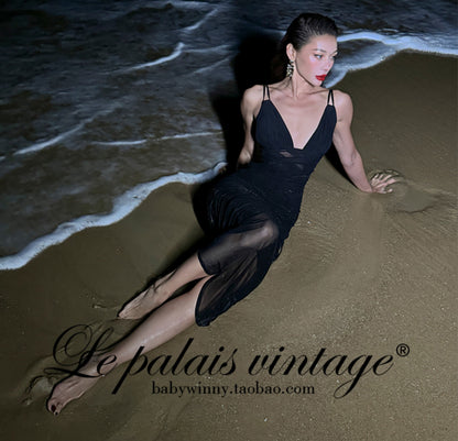 Le Palais Vintage Black Halter Neck Body Wrap Sheer Mesh Dress - FIE