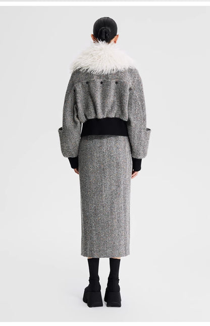 LEDIM W wool fur collar tweed cropped jacket SIll