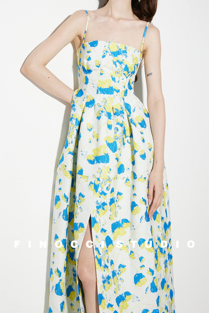 French yellow blue printed jacquard  puffy dress- Nicco