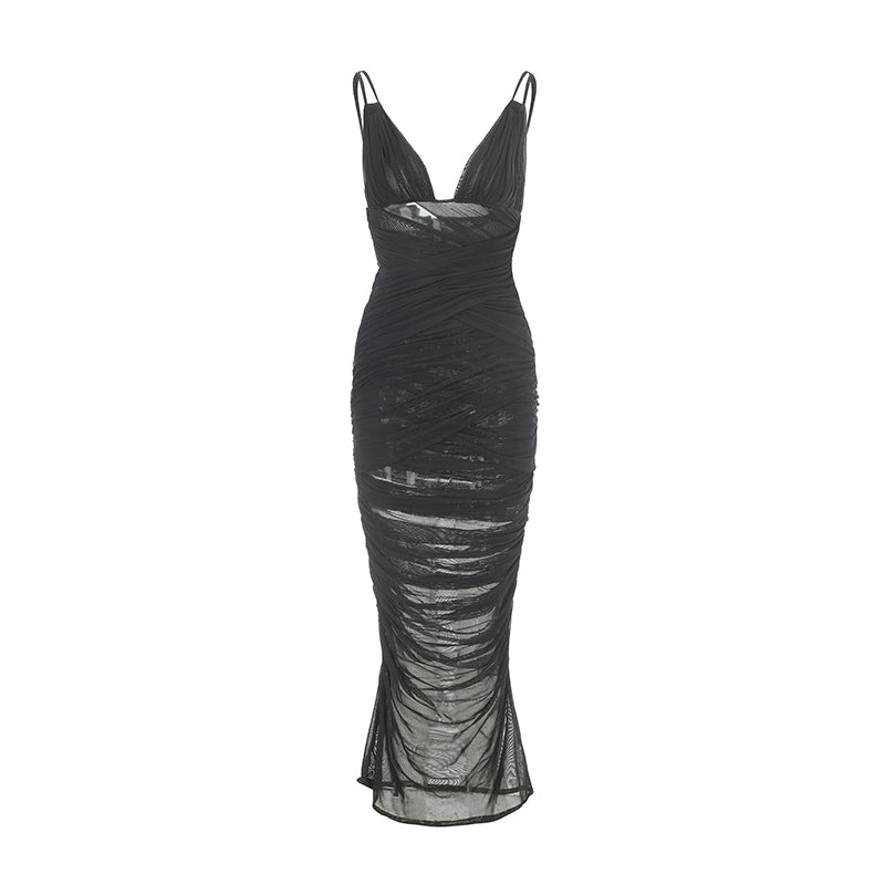 Le Palais Vintage Black Halter Neck Body Wrap Sheer Mesh Dress - FIE