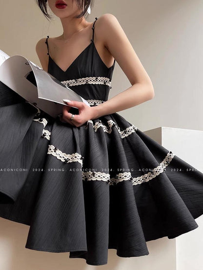 Aconiconi Elegant Black V-Neck Sleeveless Midi Tutu Chic Dress- Rainy Night in Paris