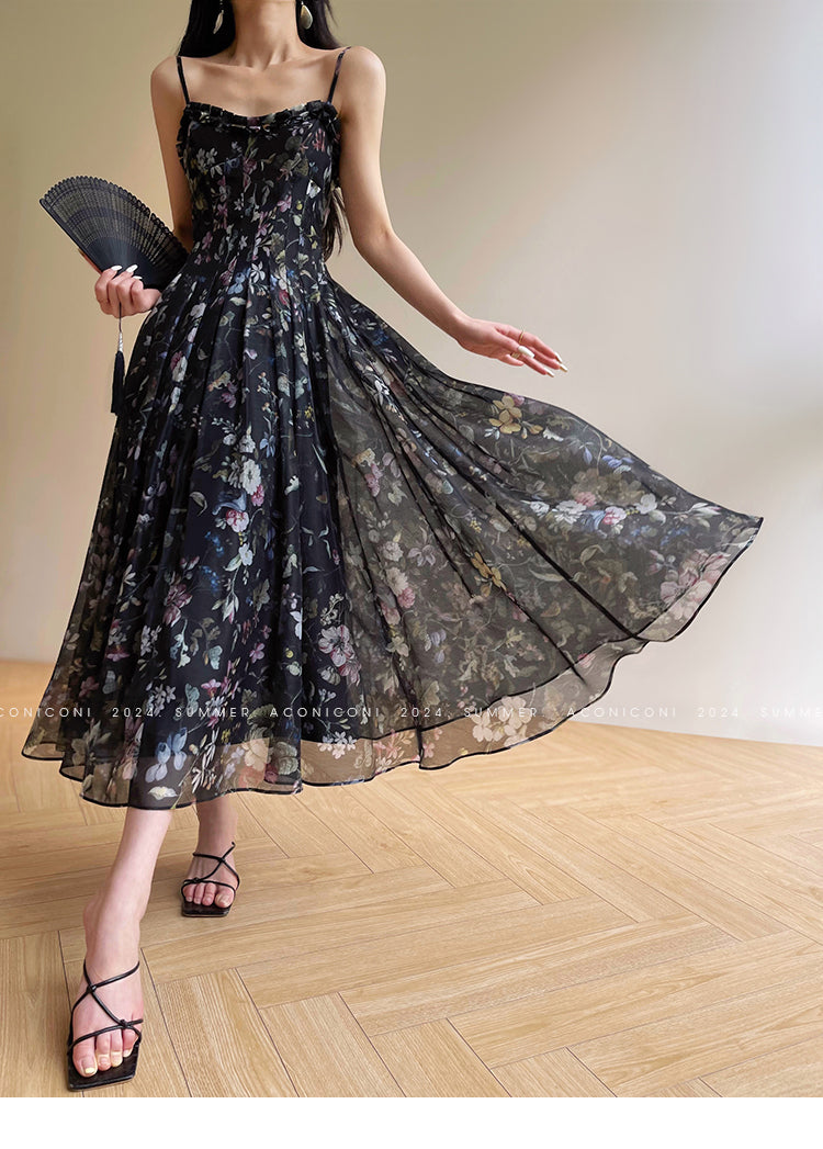 Aconiconi Luxury Black Flower Print  Slim Waist vacation Dress- Huachen Yueying