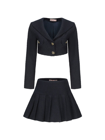 Le Palais Vintage Elegant Navy Collar Short Jacket + Chic Pleated Skirt-MARYANN