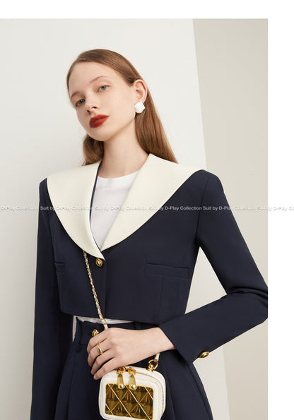 Fall autumn vintage navy collar high-waisted short coat - Wiole