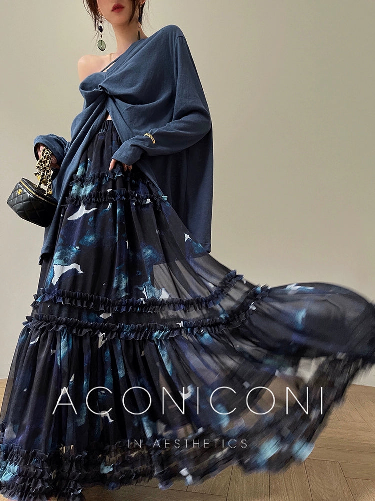 Aconiconi| Luxury French Print High Waist Ruffle Hem Skirt- Annie's Time