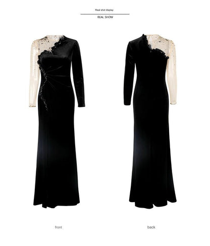 SIDUO High-End autumn long sleeve ankle length plain slit sexy black evening dress-Belle  ( V)